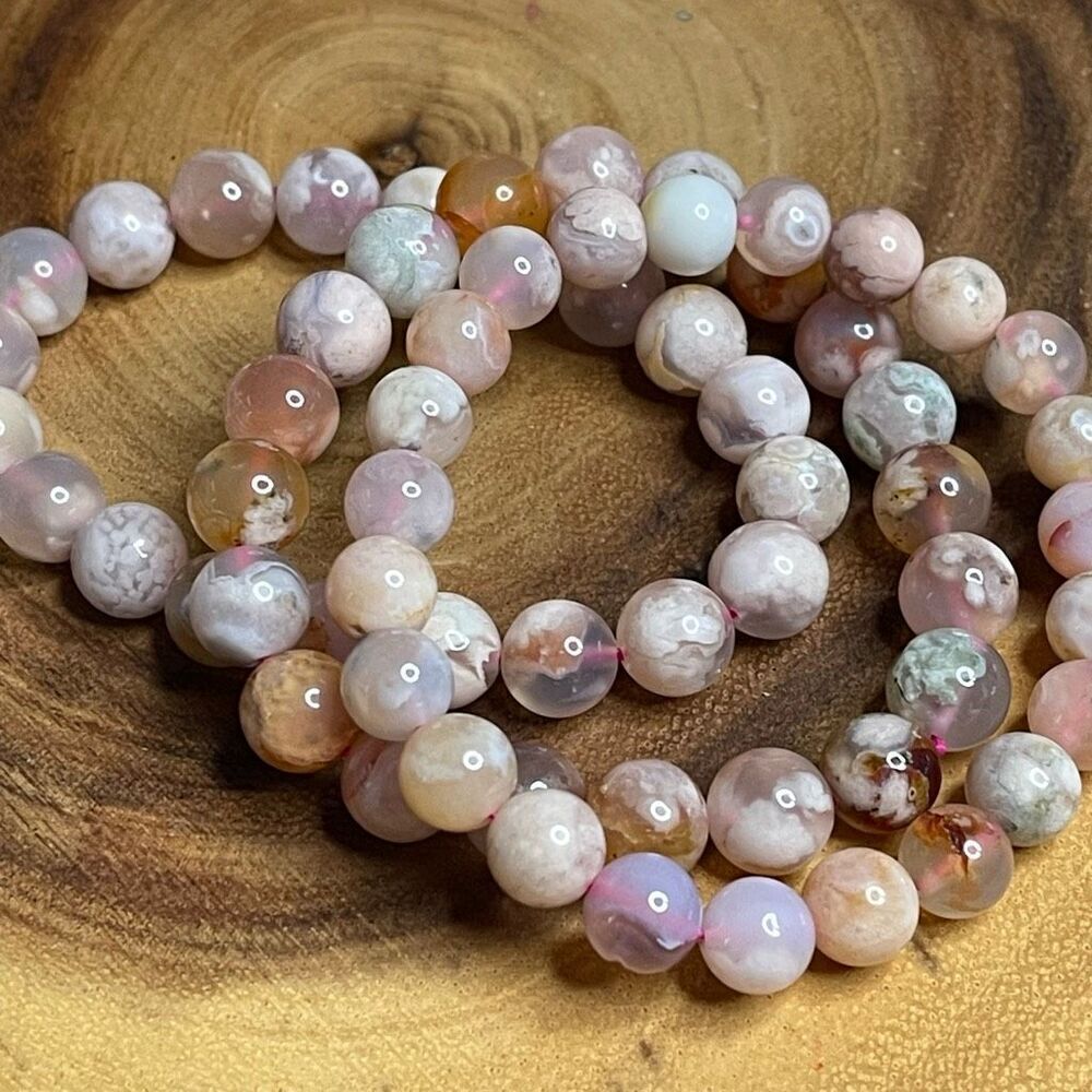 Pink green Flower Agate stretch beaded bracelet 7” crystal healing beads 8mm ONE